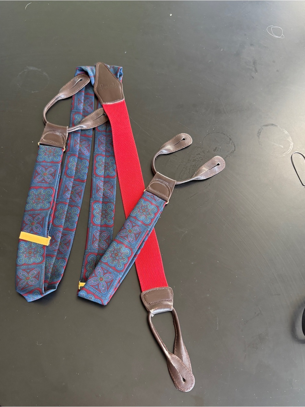 Harrods Vintage Suspenders Braces  Patterned Red Adjustable Silk Y